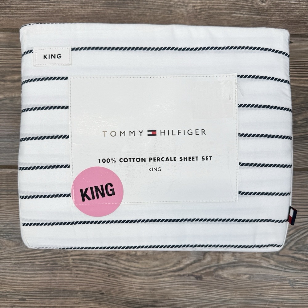 Tommy Hilfiger Rope Stripe KING Sheet Set 100% Cotton Blue White NEW‎